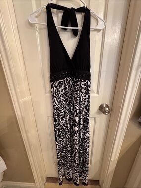 Heart Soul Black Halter Dress with Black & White Damask Skirt